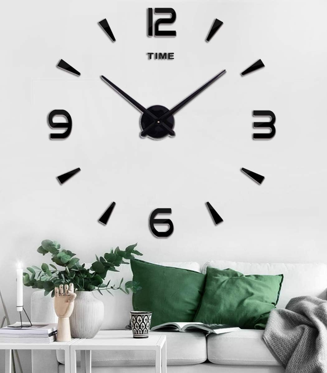 Large DIY Wall Clock Kit, 3D Frameless Wall Clock with Mirror Number Stickers for Home Living Room Bedroom Office Decoration-Black 022