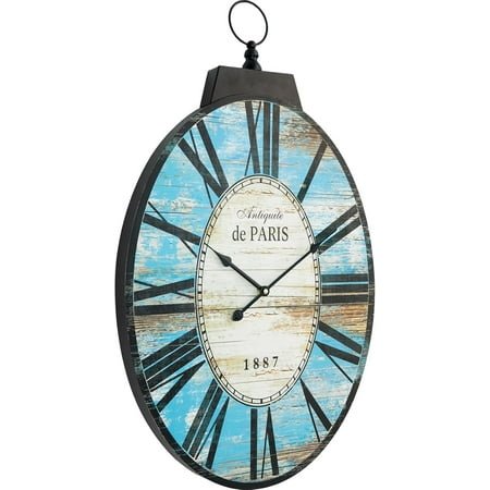 Large for Decor Wall Silent Inch-High Design Room Clock Operated Farmhouse French Wall Battery for Bedroom Home Living 29 Clock Vintage Oval Kitchen (Blue)