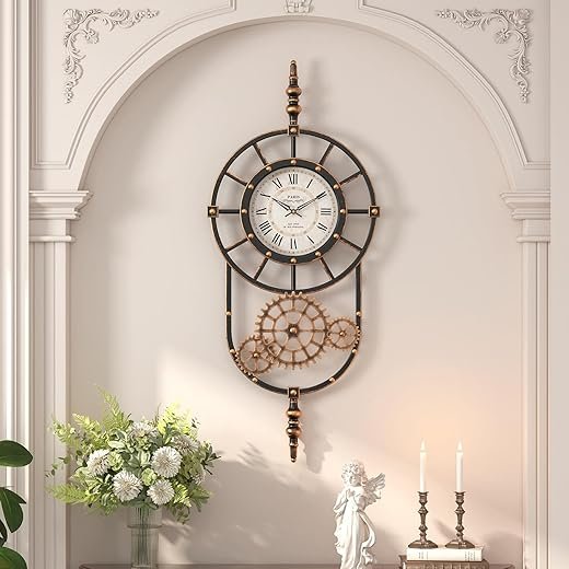 Large Industrial Steampunk Decor Vintage Wall Clock, Antique Gold Black Metal Wall Clocks for Living Room Farmhouse (23 H x 14 W)