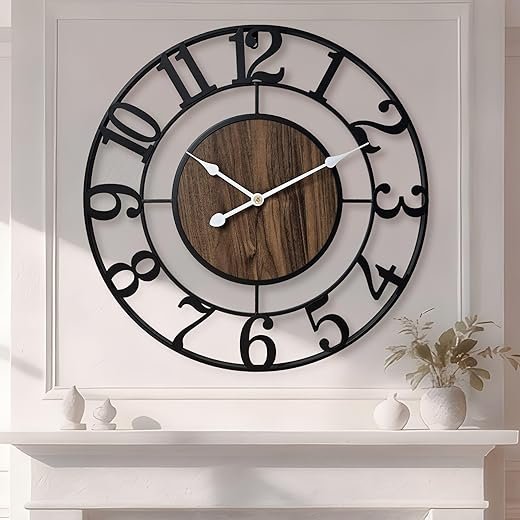 Large Metal Wall Clock, 20 Inch Retro Decorative Silent, Non Ticking, Battery Operated Modern Big Wood Wall Clock for Living Room, Farmhouse, Bedroom, Fireplace, Kitchen, Office, Home Decor
