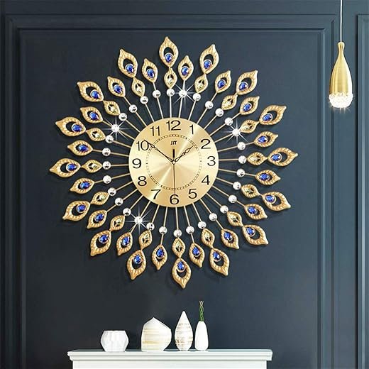 Large Modern Wall Clock for Living Room Decor, 24 Inch Big Decorative Crystal Peacock Wall Clock Battery Operated Non Ticking for Kitchen Bedroom, Gold Metal Silent Wall Clocks for Home