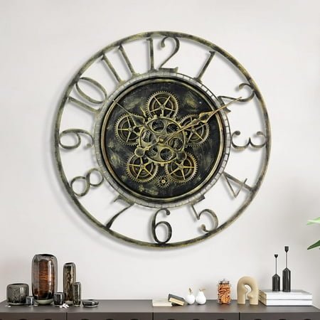 Large Moving Gear Wall Clock for Living Room Decor,Vintage Industrial Steampunk,Metal Wall Clock Decorative for Home Office, Dinning Room,Farmhouse(Antique Brass,Arabic Number,20 INCH)
