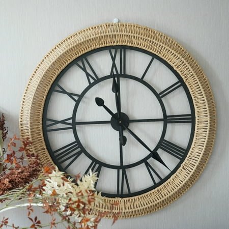 Large Rustic Wall Clock with Rattan Woven Frame & Roman Numerals – 30-Inch Vintage Farmhouse Style Decorative Iron Wall Clock