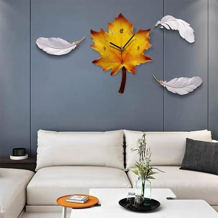 Large Unique Leaves Wall Clock Silent Battery Powered Wall Hanging Watch Living room and home Decorative - Maple Leaf