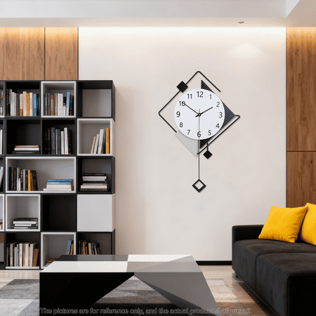 Large Wall Clock Decorative Diamond Metal Wall Clock - Silent, Easy to Read White dial with Black Hands, Pendulum Design Home