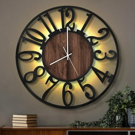 Large Wall Clocks with Night Light Battery Operated,Silent Non Ticking,Rustic Modern Big Wood Clock for Living Room, Bedroom,Kitchen,Farmhouse,Office,Home Decor-24 Inch(Black-Arabic Number)