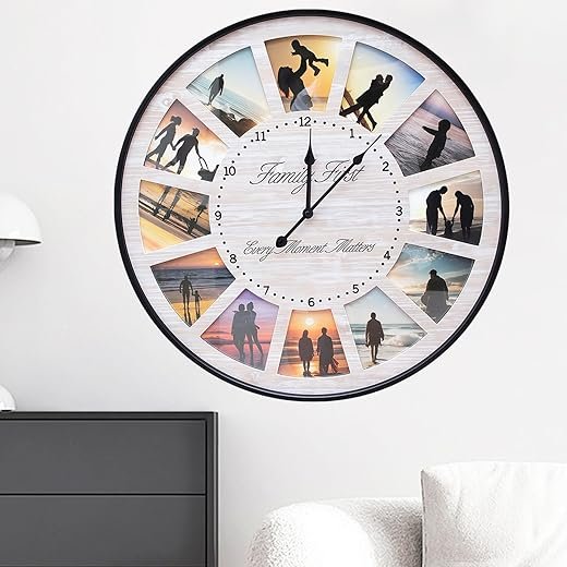 Large Wall Clock with Picture Frames Collage Deco Silent Rustic Farmhouse Wall Clock Battery Operated Oversized Wall Clocks for Living Room Home Kitchen 24 Inch