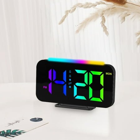Latrodar RGB Digital Wall Clock TEMP Date Week Auto Dimmable Snooze Table Clock RGB Night Light 12/24H 2 Alarms LED Clock Creative Black 8x4 Inch Home Gadgets