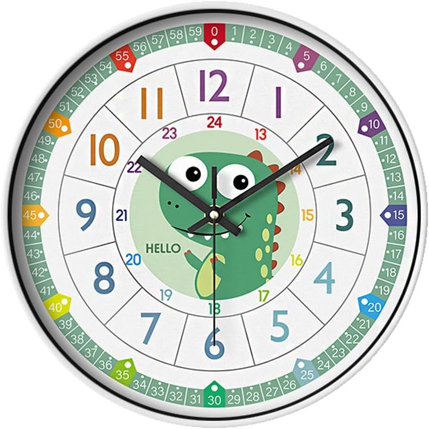 Learning Wall Clock for Kids Bedrooms, 12in Classroom Analog Clock for Kids Learning to Tell Time (Dinosaur)