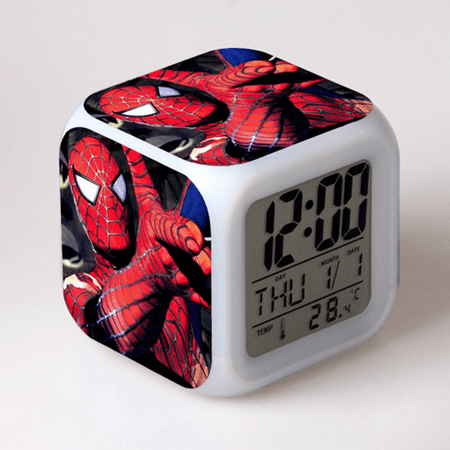LED Alarm Clock Spider-Man Pattern Creative Desk Table Clock Glowing Electronic Colorful Digital Clock for Unisex Adults Girl Boy Kids Children Toy Birthday Present Gift