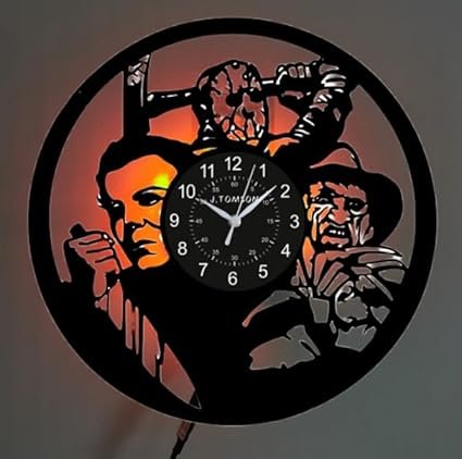 LED Backlit Vinyl Record Wall Clock, Horror Movie Characters Design, 12-inch Diameter, Black