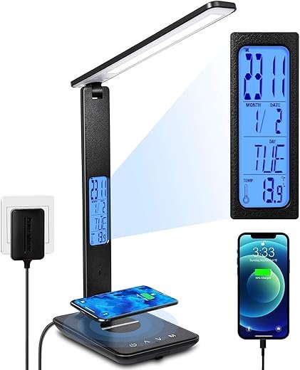 LED Desk Lamp with Wireless Charger, Suitable for Home, Office Dimmable, with USB Charging Port, Built-in Clock, Calendar, Thermometer and Automatic Timing Reading Desk Lamp.