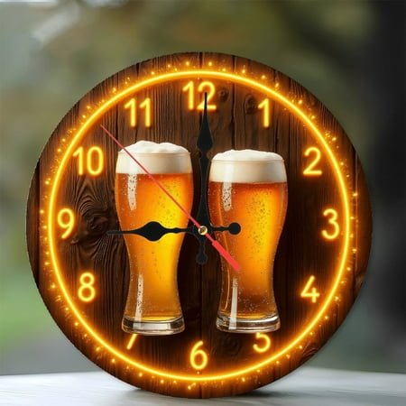 LED Neon Clock with Beer Glasses for Bar Decor 10-Inch Silent Wooden Wall Clock, Battery Operated (AA Batteries Not Included), Artistic Home Decor