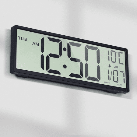 LEIKE 15 Digital Wall Clock Battery Operated Large Display with Date and Day of Week, Large Number with Temperature, Auto DST, Alarm, Snooze, 12/24H for Desk Office