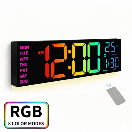 LEIKE 16.2 Large Digital LED Wall Clock with 8 Colors, 5-Level Brightness Adjustment, Battery Operated, Temperature Display, Big Numbers for Bedroom Office Living Room
