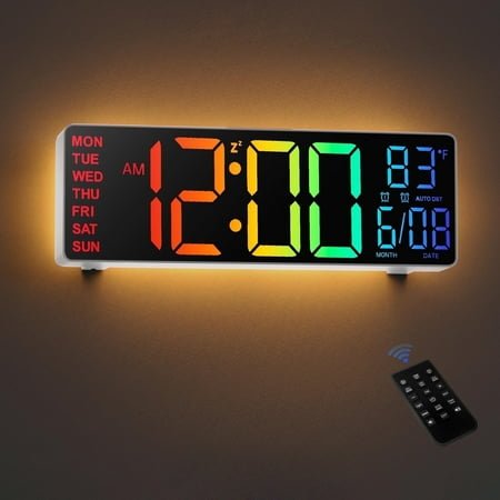 LEIKE Large LED Digital Wall Clock, 8-Color Gradient Display with 5-Level Brightness, Modern Alarm Clock for Bedroom Decor,White