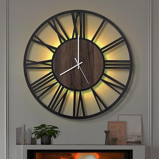 LEIKE Large LED Wall Clocks,Silent,Non Ticking,Battery Operated Rustic Round Modern Big Wood Wall Clock for Living Room, Bedroom,Kitchen,Farmhouse,Office,Home Decor -24" Black,LED,Roman Number