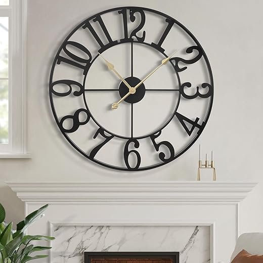 LEIKE Large Wall Clock, 18.5" Silent Non-Ticking, Battery Operated, Oversized, Decorative Retro Black Metal Clock for Living Room,Farmhouse, Dinner Room,Indoor, Outdoor(47cm, Black Arabic Number)