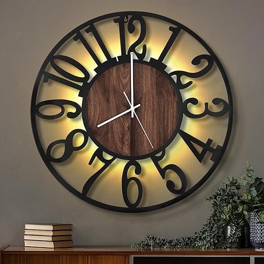 LEIKE Large Wall Clocks with Night Light Battery Operated,Silent Non Ticking,Rustic Modern Big Wood Clock for Living Room, Bedroom,Kitchen,Farmhouse,Office,Home Decor-24 Inch(Black-Arabic Number)