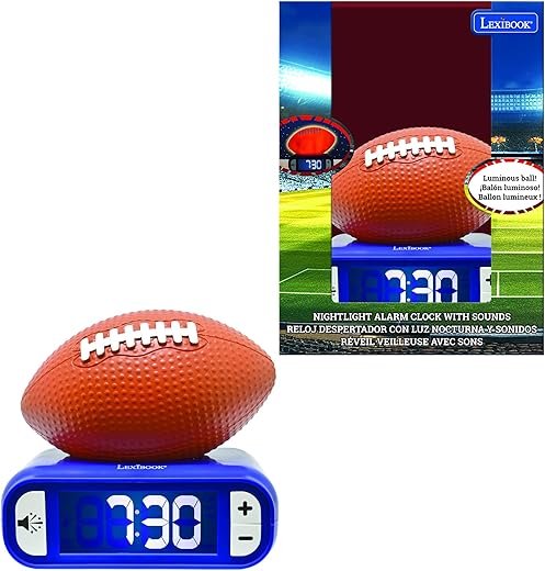 LEXiBOOK, American Football - Night Light Alarm Clock, Sounds and Melodies, Backlit LCD Screen, Luminescent, Snooze, Orange/Blue, RL800SO