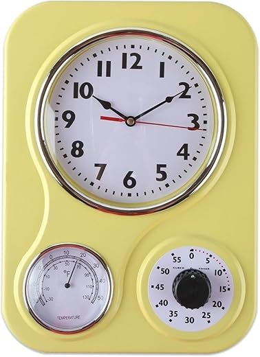 Lily's Home - 9.5 Inch x 12.5 Inch - Retro Kitchen Wall Clock, Vintage Wall Clock with a Thermometer and 60-Minute Timer, Ideal for Any Kitchen, Office, or Diner (Yellow)