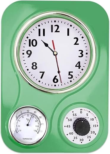 Lily's Home -9.5 Inch x 12.5 Inch - Retro Kitchen Wall Clock, Vintage Wall Clock with a Thermometer and 60-Minute Timer, Ideal for Any Kitchen, Office, or Diner (Retro Green)