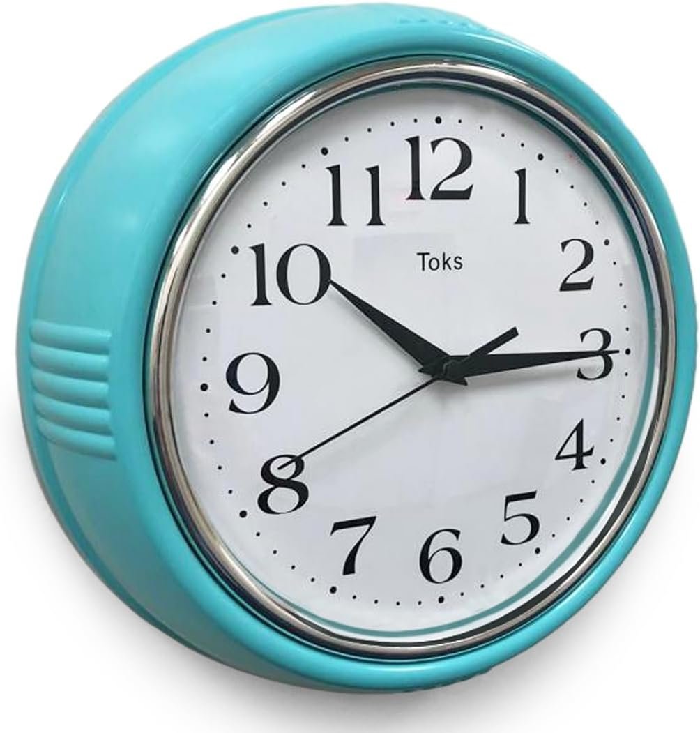 Lily's Home Retro Wall Clock, 9.5 Inch Vintage Design, Silent Non-Ticking Quartz Movement, Battery Operated, Perfect for Kitchen, Living Room, Office, and Indoor Use (Turquoise)