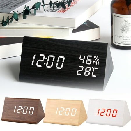 LINASHI Digital Alarm Clock, Wooden Electronic LED Time Display, Humidity & Temperature Detect, Wood Made Electric Clocks for Bedroom