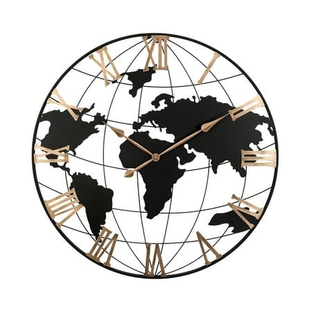 LiviNest 36 Inch World Map Wall Clock: Modern Black Metal Round Clock with Gold Roman Numerals - Silent Non-Ticking Large Wall Decor for Living Room Study Office & Home Decoration
