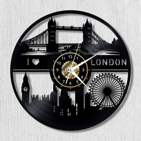 London Cityscape Vintage Black Vinyl Record Wall Clock Wall Art 3D Modern Design Office Bar Room Home Decor Gift