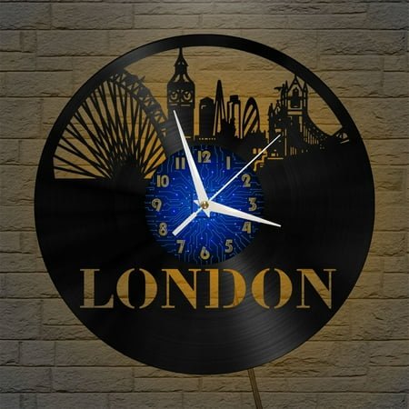 London Famous Attractions 12 Inch Vinyl Record Wall Clock - Silent, Creative, and Unique Clock for Living Room, Entryway, or Bedroom Decor - Perfect Gift Idea(12 inchs B with LED)