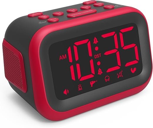 Loud Alarm Clock for Heavy Sleepers: 115dB Dual Alarms with 6 Unique Sounds for Bedroom Dorm Room Use - On-Time Wake Up for Teen College Students - Red