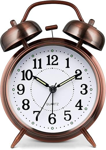 Loud Alarm Clock for Heavy Sleepers Adults, Metal 4 Inches Twin Bell Battery Operated Alarm Clocks for Bedrooms Decoration, Silent Non-Ticking, Back-to-School Gift (Red Brown)