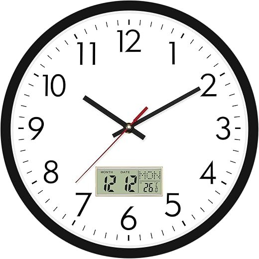 Lumuasky Wall Clock Digital 12" Non-Ticking Silent Battery Operated Analog with LCD Display for Perpetual Calendar and C° Temperature, Ideal Modern Home, Bedroom, Kitchen, Office Decor