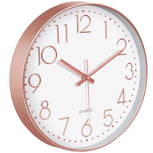 Mabpedo Silent Wall Clocks Battery Operated 8 Inch, Analog Wall Clock with Oversized Number Tempered Glass Clock Face, Rose Gold Quartz Non Ticking Wall Clocks for Living Room Bedroom Kitchen Office