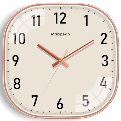Mabpedo Small Wall Clock, 8 Inch Silent Non Ticking Battery Operated Clock, Square Analog Decorative Wall Clocks for Bedroom Living Room Office Home Gym Porch Decor Indoor Outdoor Clocks, Rose Gold