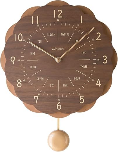 Made in Japan Retro Wall Clock for Kids Pendulum Japanese Handcrafted Solid Walnut Wood Silent Non-Ticking Battery Operated Sunflower Design Room Decor CH-062 (Brown)