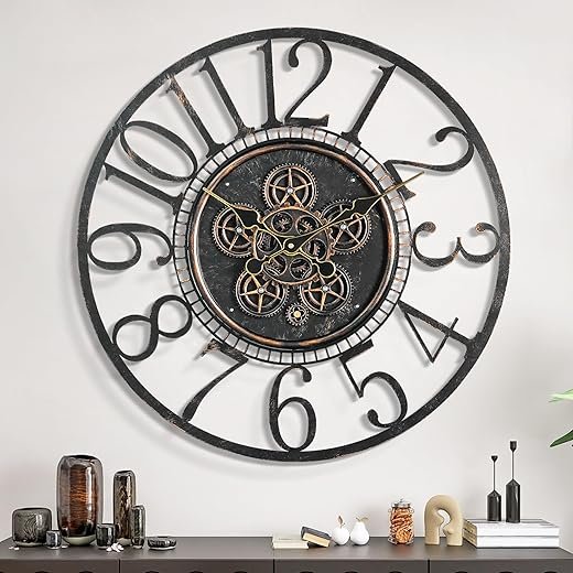 Maxstar Large Moving Gear Wall Clock for Living Room Decor,Vintage Industrial Steampunk,Metal Wall Clock Decorative for Home Office, Dinning Room,Farmhouse(Bronze Copper,Arabic Number, 24 INCH)