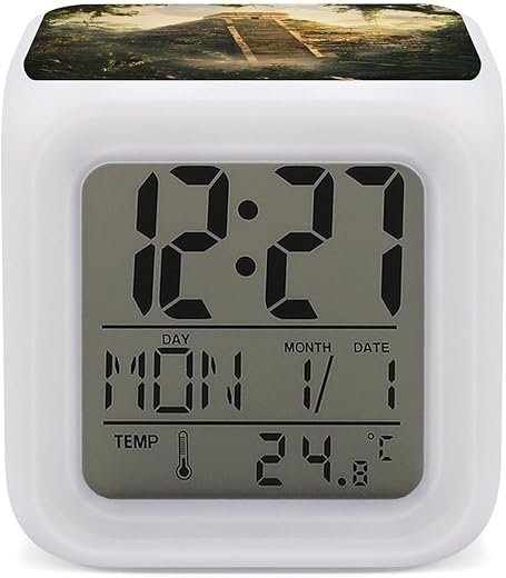 Mayan Pyramid 7 Colors Change Digital Alarm Clock LED Display Desktop Clock Cube Night Light with Thermometer