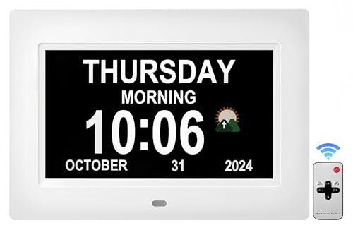 Memwake Digital Alarm Clock, Multiple Alarm Functions, Clock with Date and Week, Digital Alarm and Electronic Calendar for Seniors (White, 7-inch)