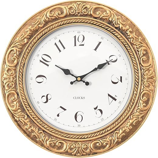 Menterry European Vintage Decorative Wall Clock, 12 Antique Gold Style, Battery Operated Wall Clocks for Kitchen, Bedroom, Farmhouse, Bathroom, Offices