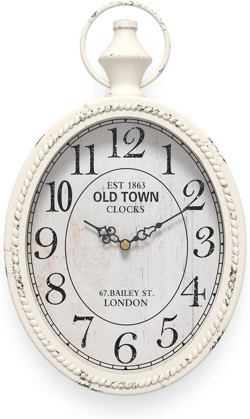Menterry Small Retro Oval Wall Clock, Antique Old Design, White Vintage Style, B