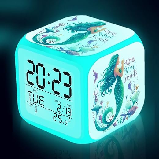 Mermaid Alarm Clock Gift Decor for Girls Room, Battery Operated Desktop Kids Clock with 7 LED Color Changing Nightlight (3.15x3.15x3.15 inch)