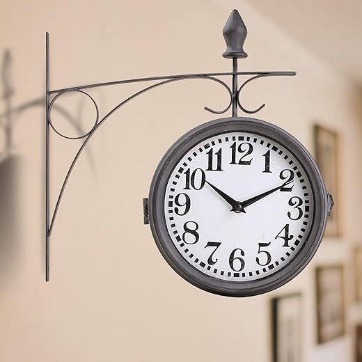 Metal Double Sided Hanging Clock with Retro Grey Sturdy Frame,Glass Lens,Silent Quartz Movement, Indoor/Outdoor Double-Sided Decorative Wall Clock for Home Décor Farmhouse Station Office Garden