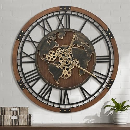 Micasso Real Moving Gears Clock: 30 in Oversized Brown Wall Clock with World Map - Vintage Wood Frame Non-Ticking Battery Operated Silent Mechanical Clock for Home Decor/Office/Living Room/Bedroom
