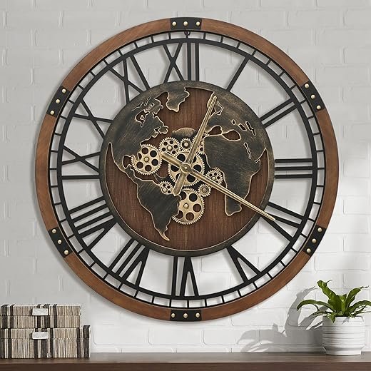 Micasso Real Moving Gears Clock: 30 in Oversized Brown Wall Clock with World Map - Vintage Wood Frame Non-Ticking Battery Operated Silent Mechanical Clock for Home Decor/Office/Living Room/Bedroom