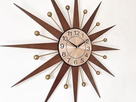 Mid-Century Modern Sunburst Wall Clock – Retro Atomic Starburst Design with Walnut Wood Rays & Brass Accents
