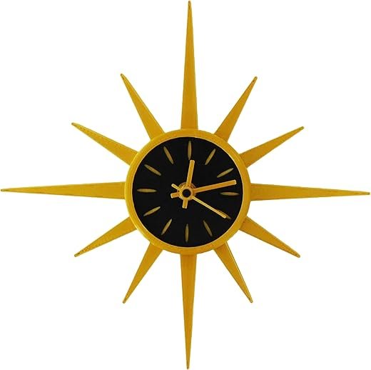 Mid Century Modern Sunburst Wall Clock – Retro Gold Atomic Starburst Design, Vintage Style Wall Decor, Quartz Movement, 3D Printed with Metalic Gold Plastic