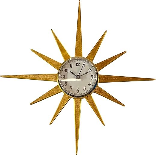Mid Century Modern Sunburst Wall Clock – Retro Gold Atomic Starburst Design, Vintage Style Wall Decor, Quartz Movement, Metal Wall Clock for Living Room, Kitchen, or Office