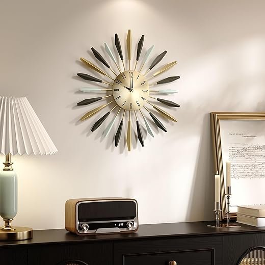 Mid Century Modern Wall Clock, 22 Inch Large Metal Wall Clock for Living Room Decor, Colorful Sunburst Starburst Decorative Clocks Silent Battery Operated for Kitchen Bedroom Office